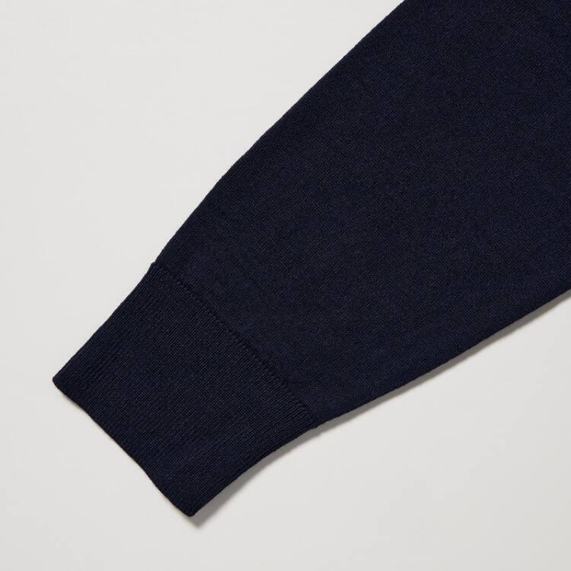 Men's Uniqlo 100% Extra Fine Merino Collar Jumpers Navy | FNGV-30742