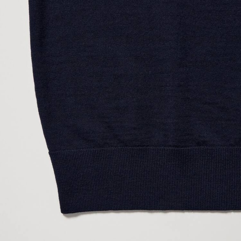 Men's Uniqlo 100% Extra Fine Merino Collar Jumpers Navy | FNGV-30742