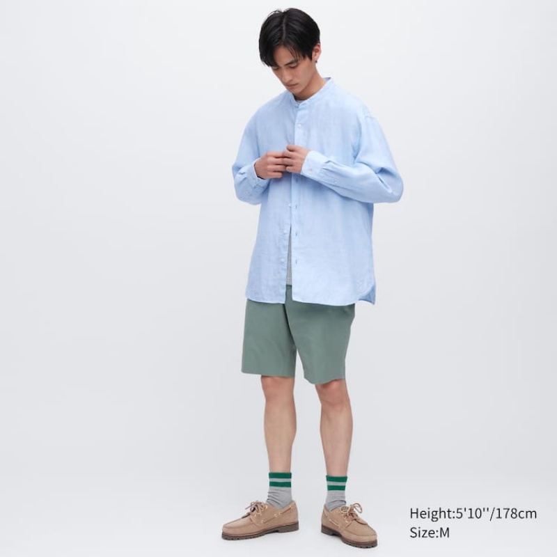 Men's Uniqlo 100% Premium Linen Regular Fit (Grandad Collar) Shirts Blue | HRTI-42706