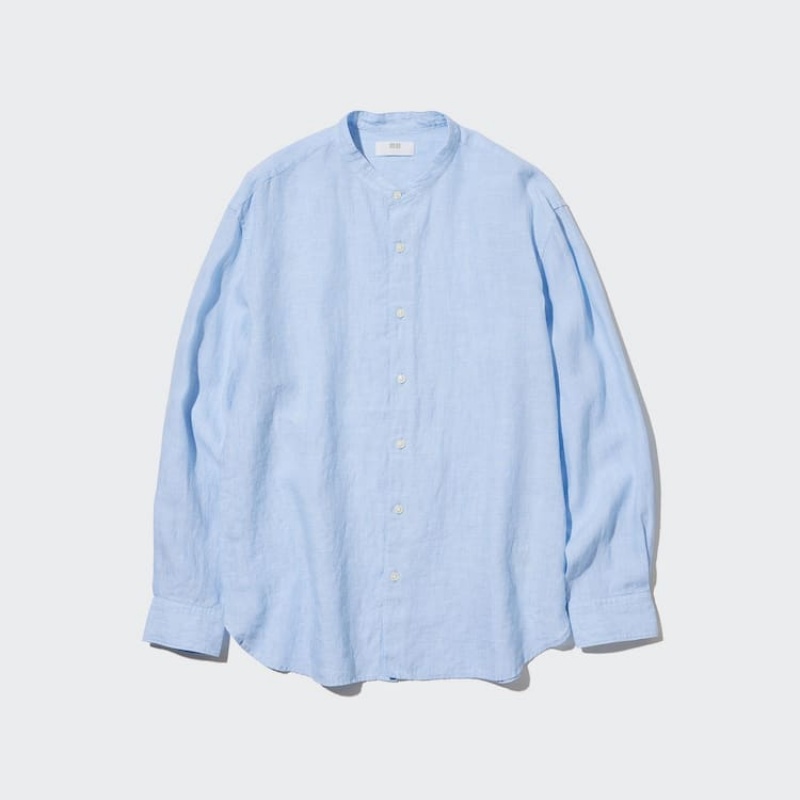 Men's Uniqlo 100% Premium Linen Regular Fit (Grandad Collar) Shirts Blue | HRTI-42706