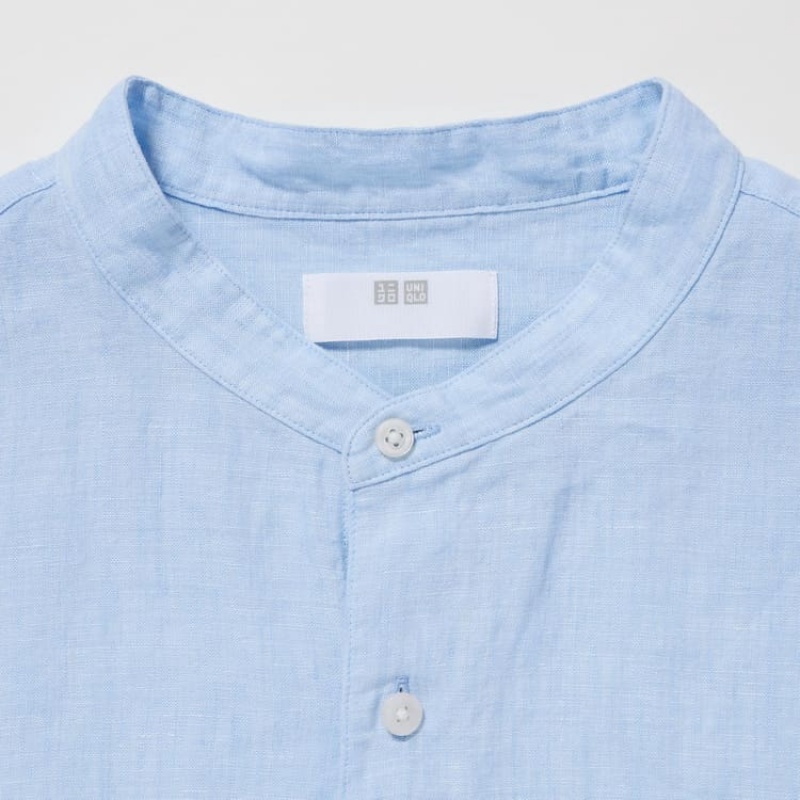 Men's Uniqlo 100% Premium Linen Regular Fit (Grandad Collar) Shirts Blue | HRTI-42706