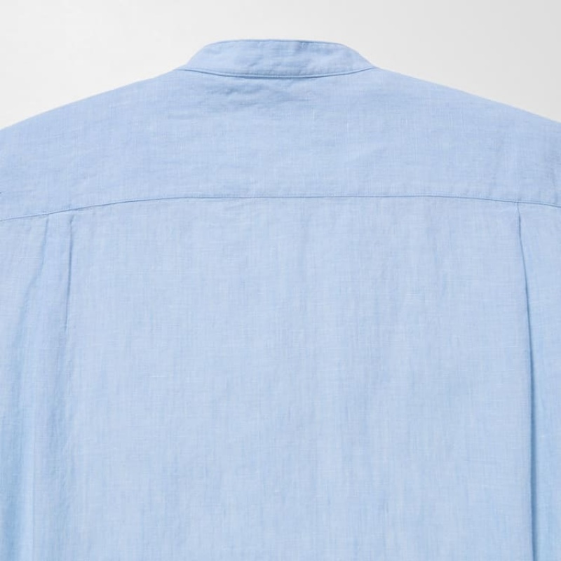 Men's Uniqlo 100% Premium Linen Regular Fit (Grandad Collar) Shirts Blue | HRTI-42706