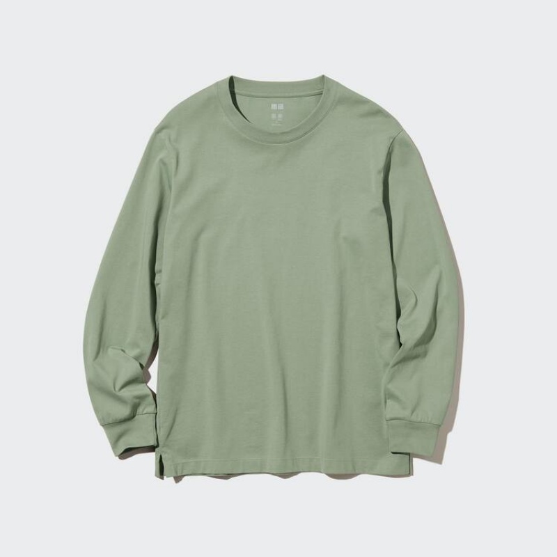 Men\'s Uniqlo Airism Cotton Crew Neck Long Sleeved Tops Green | LPWF-01623