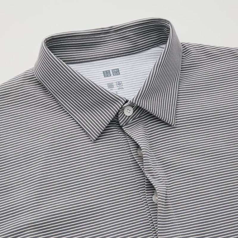 Men's Uniqlo Airism Fly Front Striped (2021 Season) Polo Shirts Grey | LYWP-21974