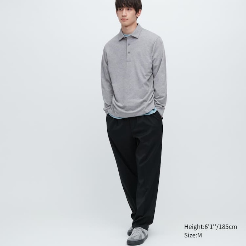 Men's Uniqlo Airism Long Sleeve Polo Shirts Grey | AFOK-36794