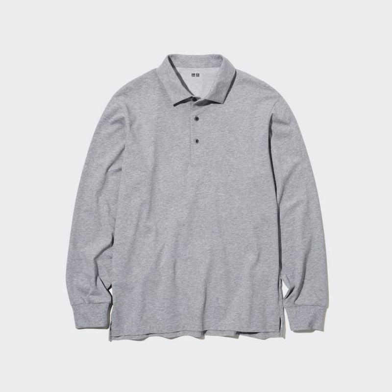 Men's Uniqlo Airism Long Sleeve Polo Shirts Grey | AFOK-36794