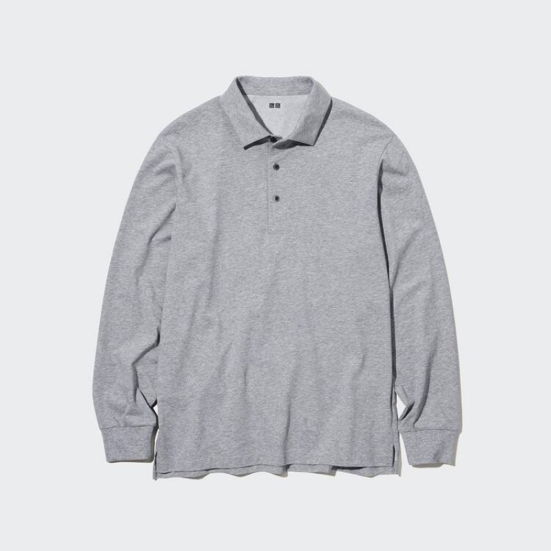 Men's Uniqlo Airism Long Sleeve Polo Shirts Grey | IXZG-85691