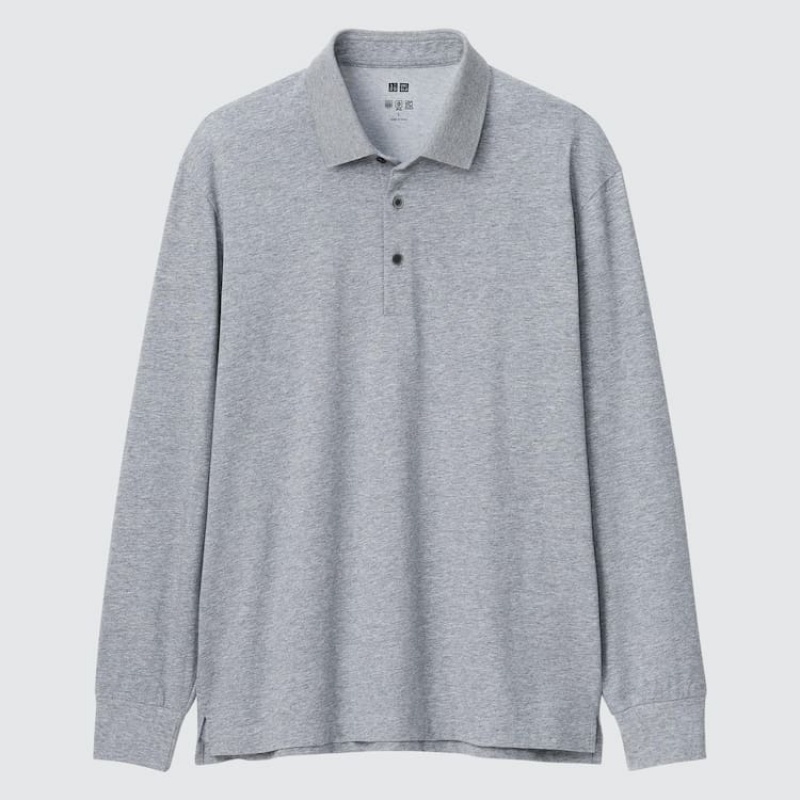 Men's Uniqlo Airism Long Sleeved Polo Shirts Grey | BKVA-15847