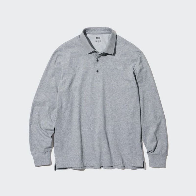 Men\'s Uniqlo Airism Long Sleeved Polo Shirts Grey | BKVA-15847