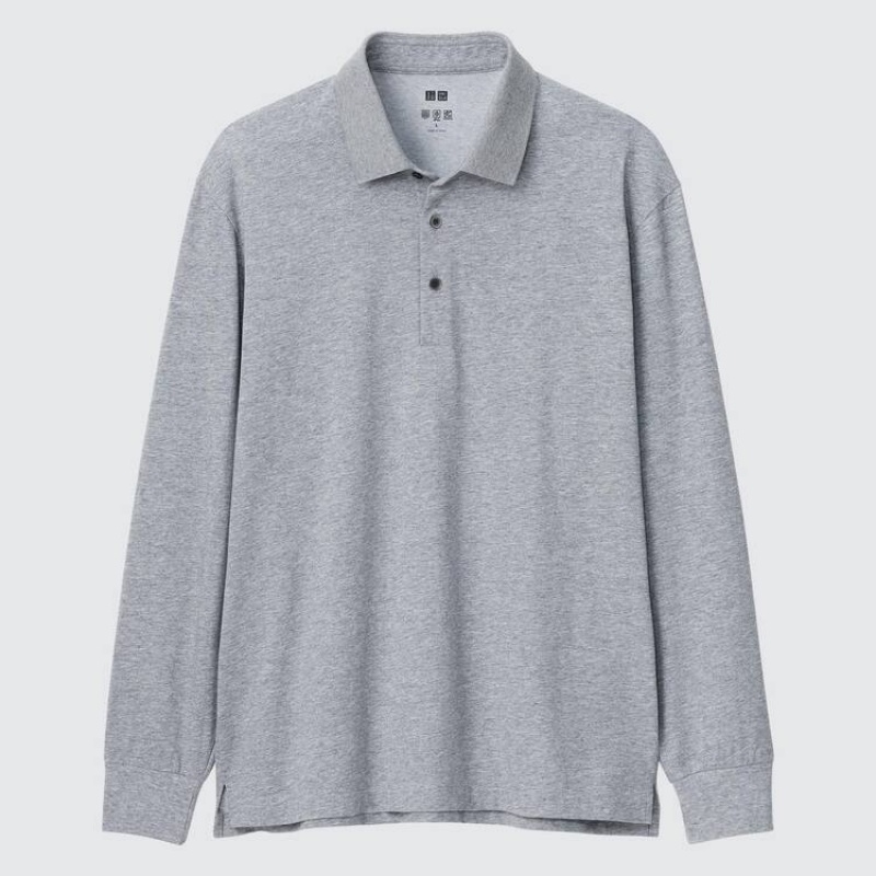 Men's Uniqlo Airism Long Sleeved Polo Shirts Grey | KZTB-82761