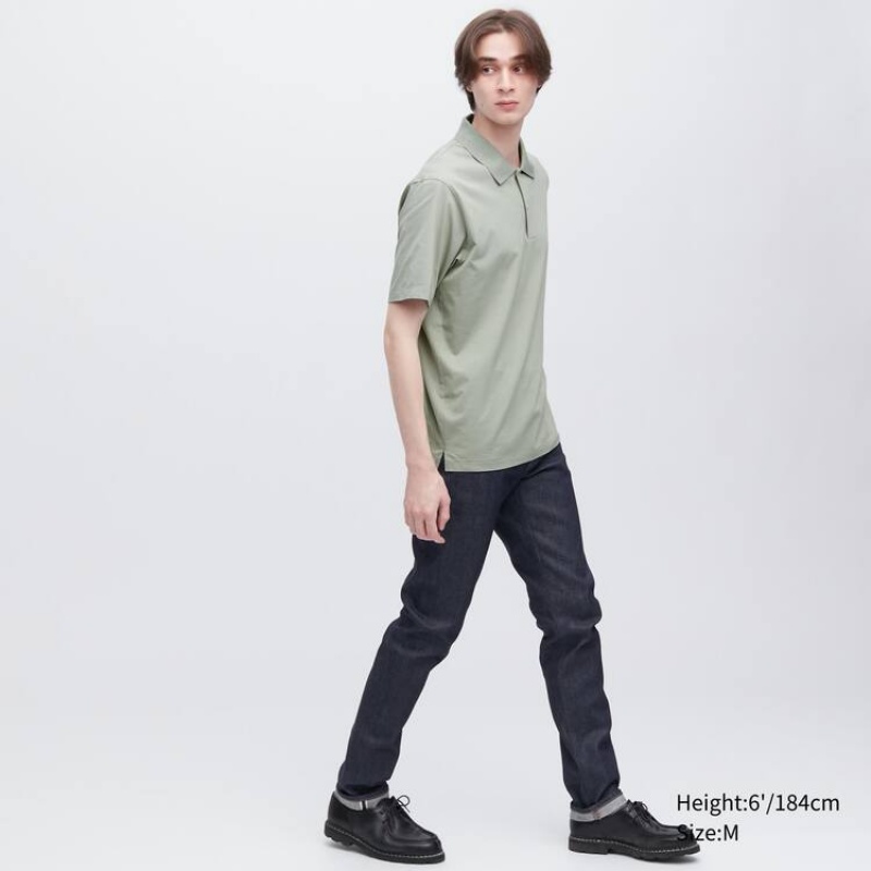 Men's Uniqlo Airism Short Sleeve Polo Shirts Green | OKAB-49586