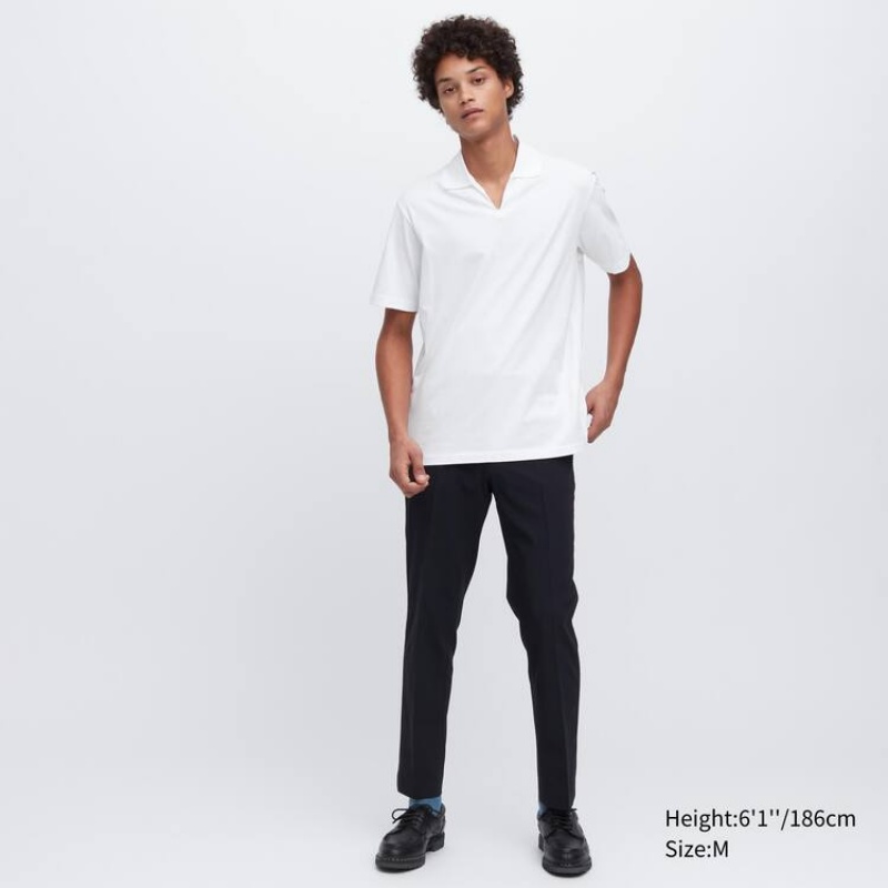 Men's Uniqlo Airism (Skipper Collar) T Shirts White | OLYV-01876