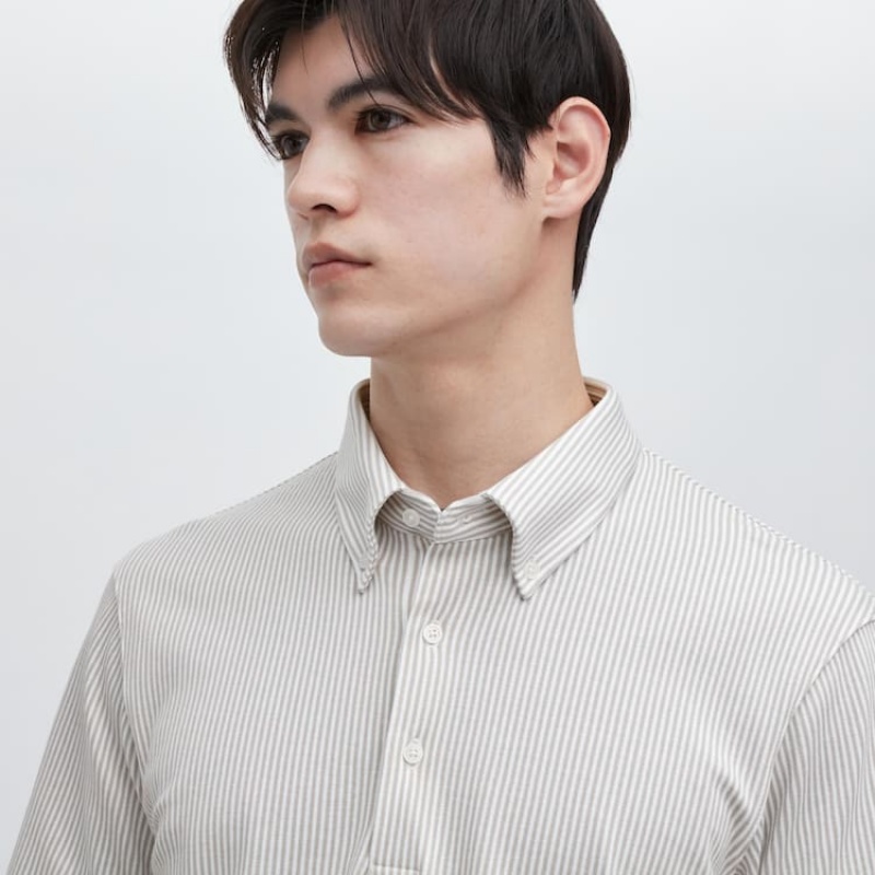 Men's Uniqlo Airism Striped (Button-down Collar) Polo Shirts Grey | GHDY-97243