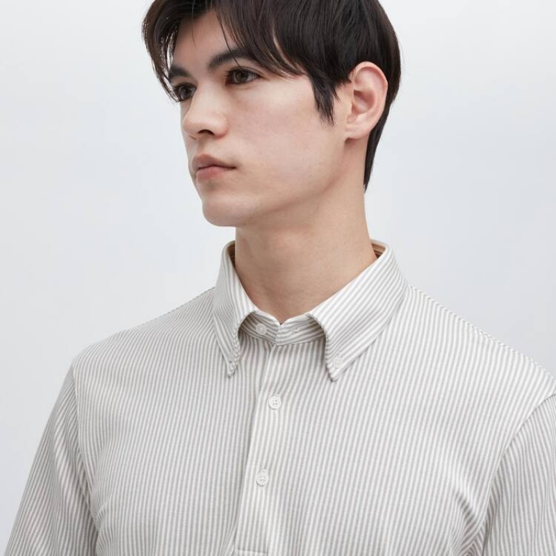 Men's Uniqlo Airism Striped (Button-down Collar) T Shirts Grey | JBAG-37190