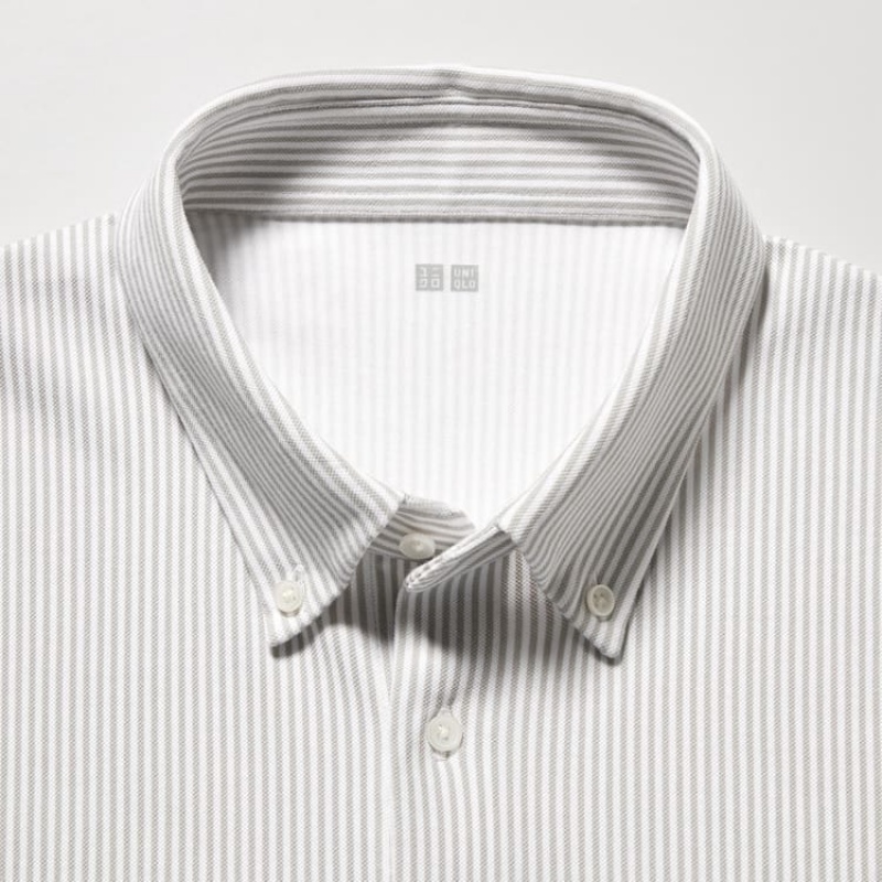 Men's Uniqlo Airism Striped (Button-down Collar) T Shirts Grey | JBAG-37190