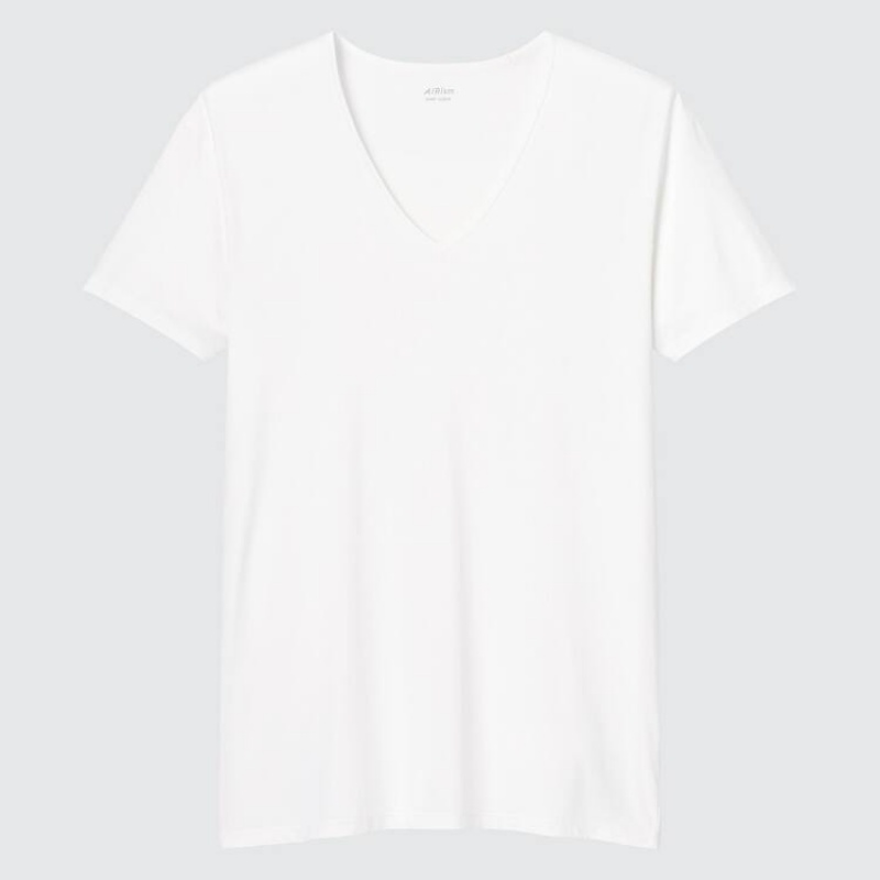 Men's Uniqlo Airism V Neck Short Sleeved T Shirts White | LVOS-06974