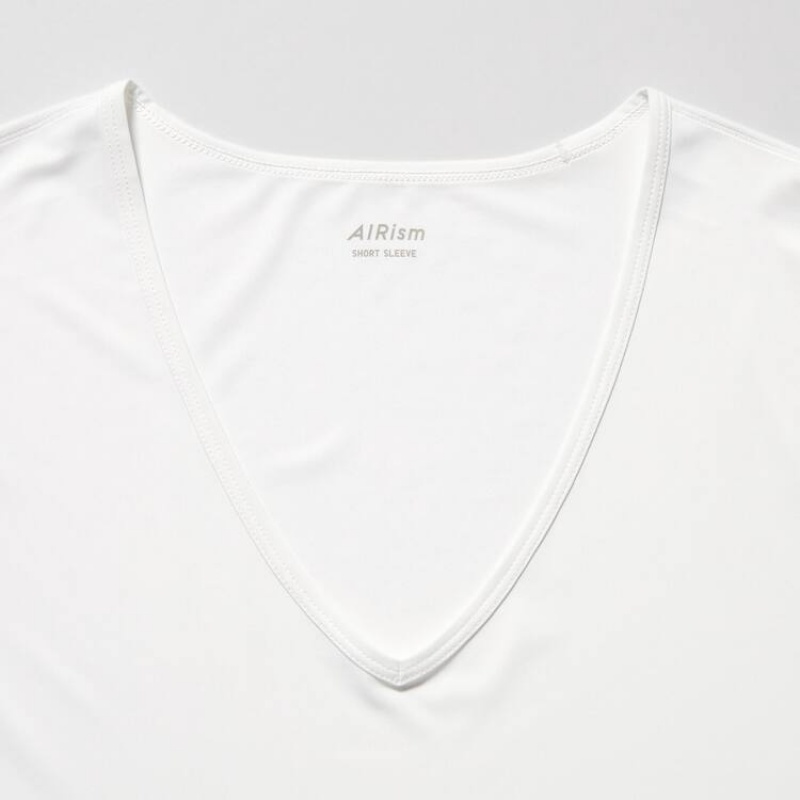 Men's Uniqlo Airism V Neck Short Sleeved T Shirts White | LVOS-06974