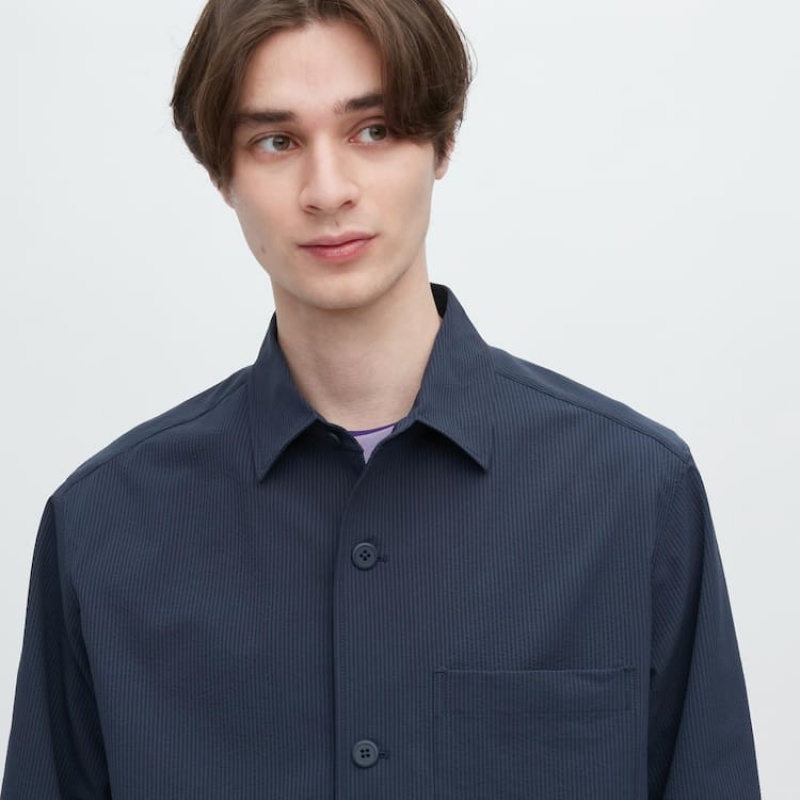 Men's Uniqlo Airsense Ultra Light Seersucker Overshirt Blue | ZERD-82630