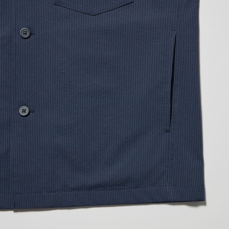 Men's Uniqlo Airsense Ultra Light Seersucker Overshirt Blue | ZERD-82630