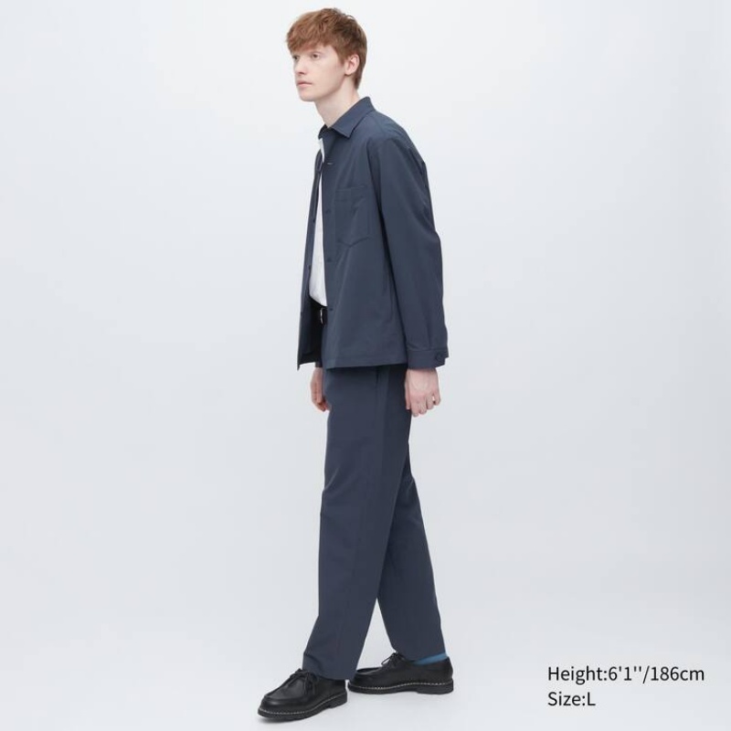 Men's Uniqlo Airsense Ultra Light Seersucker Relaxed Fit Trousers Blue | QOGR-41053