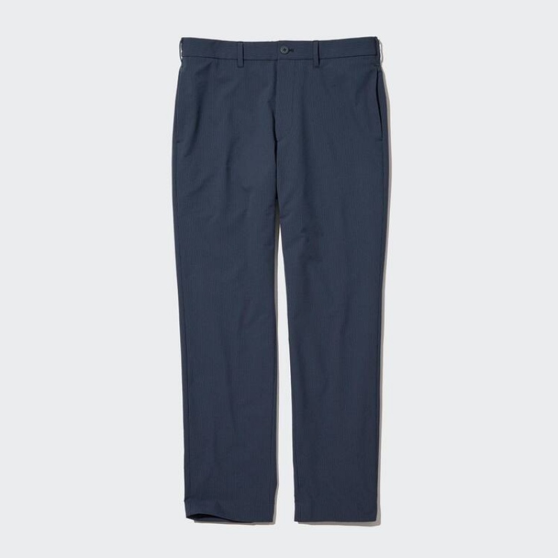 Men's Uniqlo Airsense Ultra Light Seersucker Relaxed Fit Trousers Blue | QOGR-41053