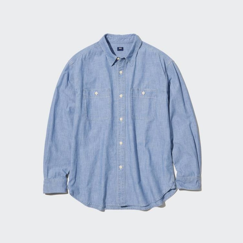 Men's Uniqlo Chambray Regular Fit Work (Regular Collar) Shirts Blue | KVXG-02745