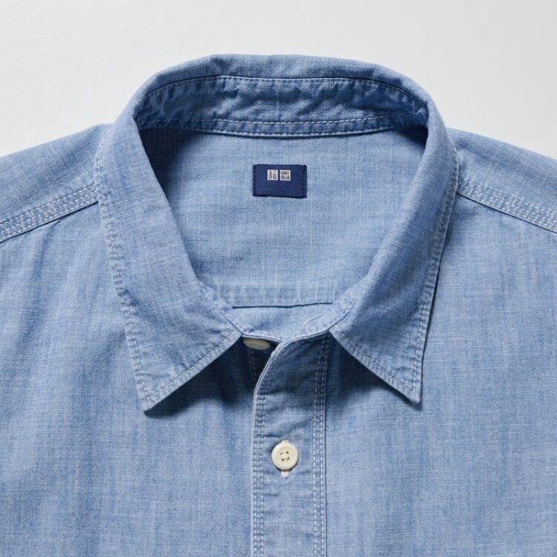 Men's Uniqlo Chambray Regular Fit Work (Regular Collar) Shirts Blue | KVXG-02745