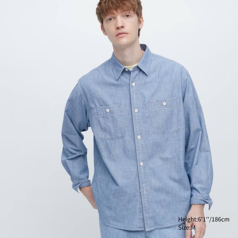 Men\'s Uniqlo Chambray Regular Fit Work (Regular Collar) Shirts Blue | KVXG-02745