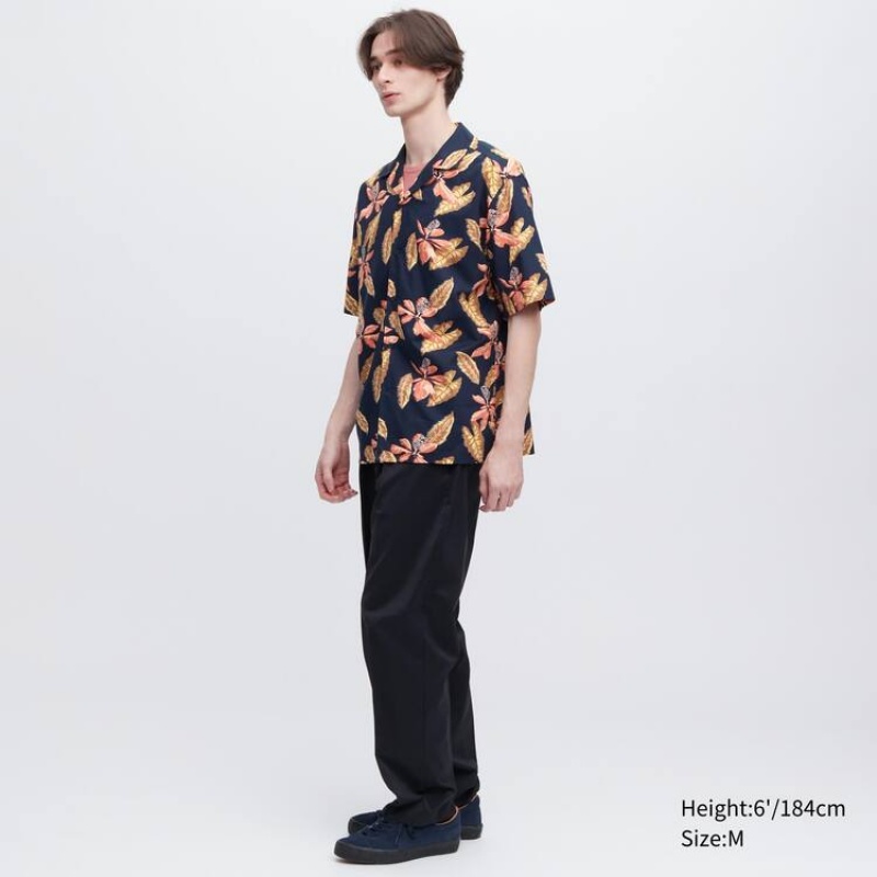 Men's Uniqlo Cotton Blend Casual Printed Short Sleeved (Open Collar) Shirts Navy | ICJO-61297