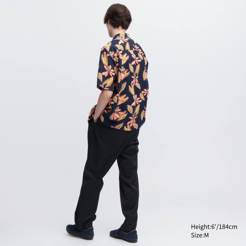 Men's Uniqlo Cotton Blend Casual Printed Short Sleeved (Open Collar) Shirts Navy | ICJO-61297