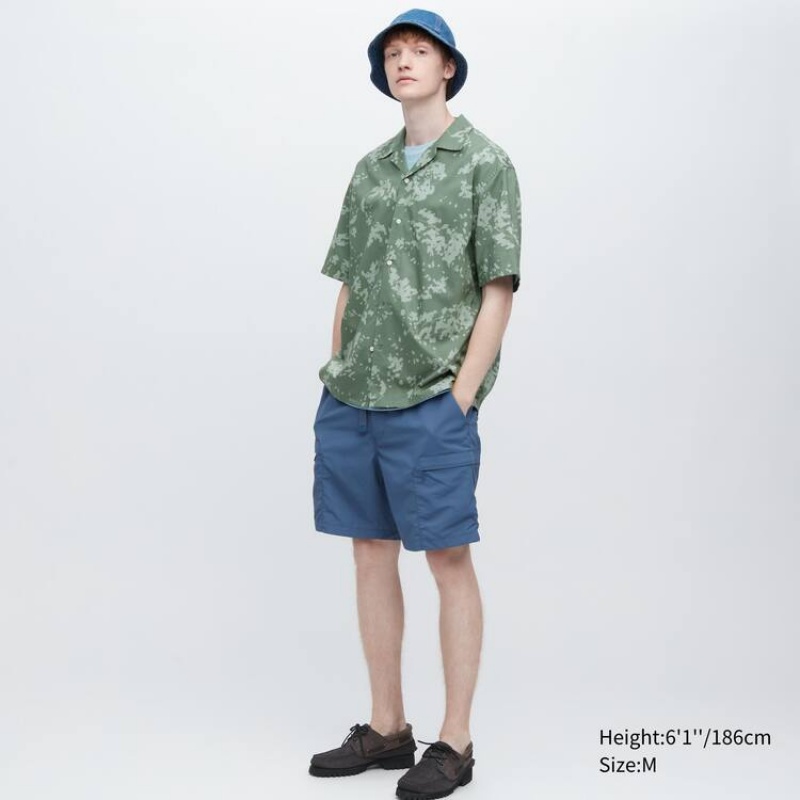 Men's Uniqlo Cotton Blend Casual Printed Short Sleeved (Open Collar) Shirts Green | QNHE-73269