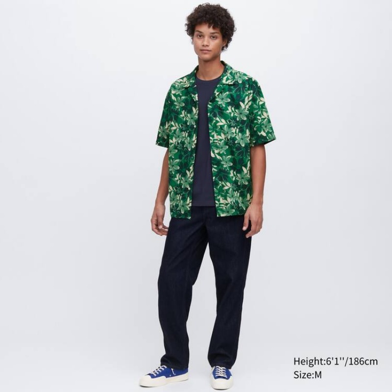 Men's Uniqlo Cotton Blend Casual Printed Short Sleeved (Open Collar) Shirts Green | IOUW-84960