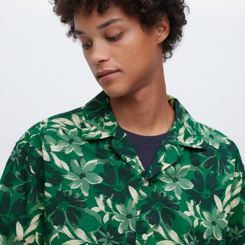 Men's Uniqlo Cotton Blend Casual Printed Short Sleeved (Open Collar) Shirts Green | IOUW-84960