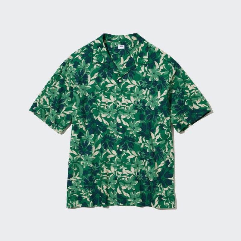 Men's Uniqlo Cotton Blend Casual Printed Short Sleeved (Open Collar) Shirts Green | IOUW-84960