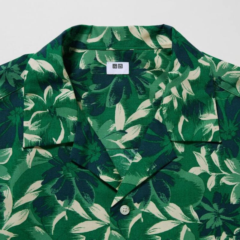 Men's Uniqlo Cotton Blend Casual Printed Short Sleeved (Open Collar) Shirts Green | IOUW-84960