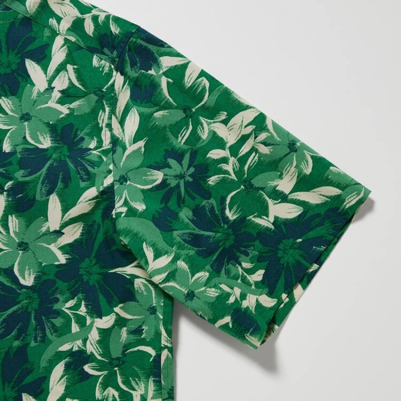 Men's Uniqlo Cotton Blend Casual Printed Short Sleeved (Open Collar) Shirts Green | IOUW-84960