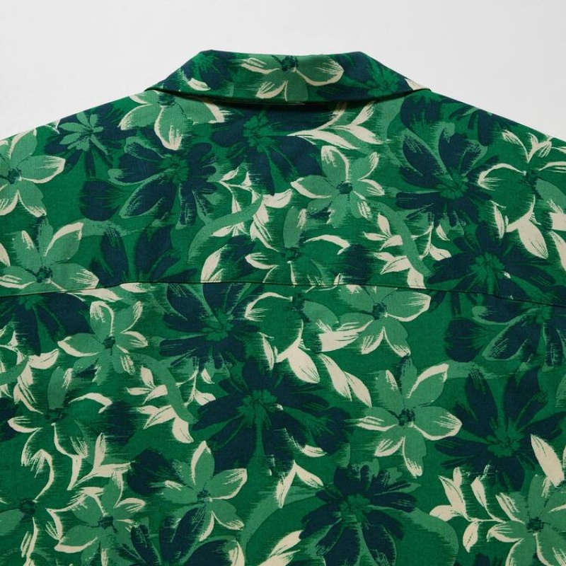 Men's Uniqlo Cotton Blend Casual Printed Short Sleeved (Open Collar) Shirts Green | IOUW-84960