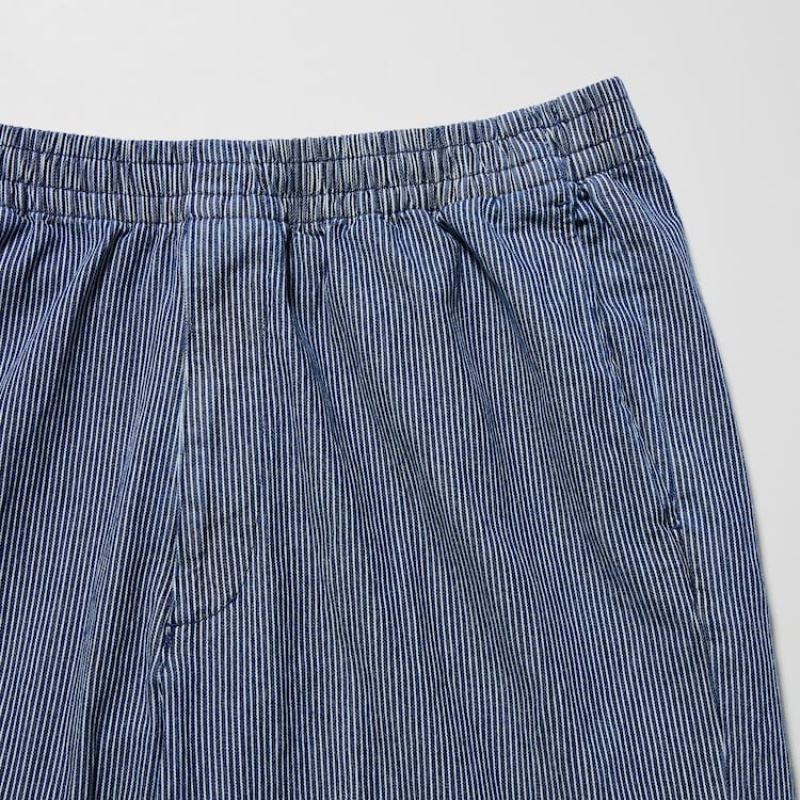 Men's Uniqlo Cotton Hickory Relaxed Fit Ankle Length Trousers Blue | OVJM-65042