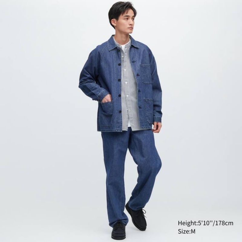 Men's Uniqlo Cotton Linen Blend Utility Jackets Blue | LMPV-67495