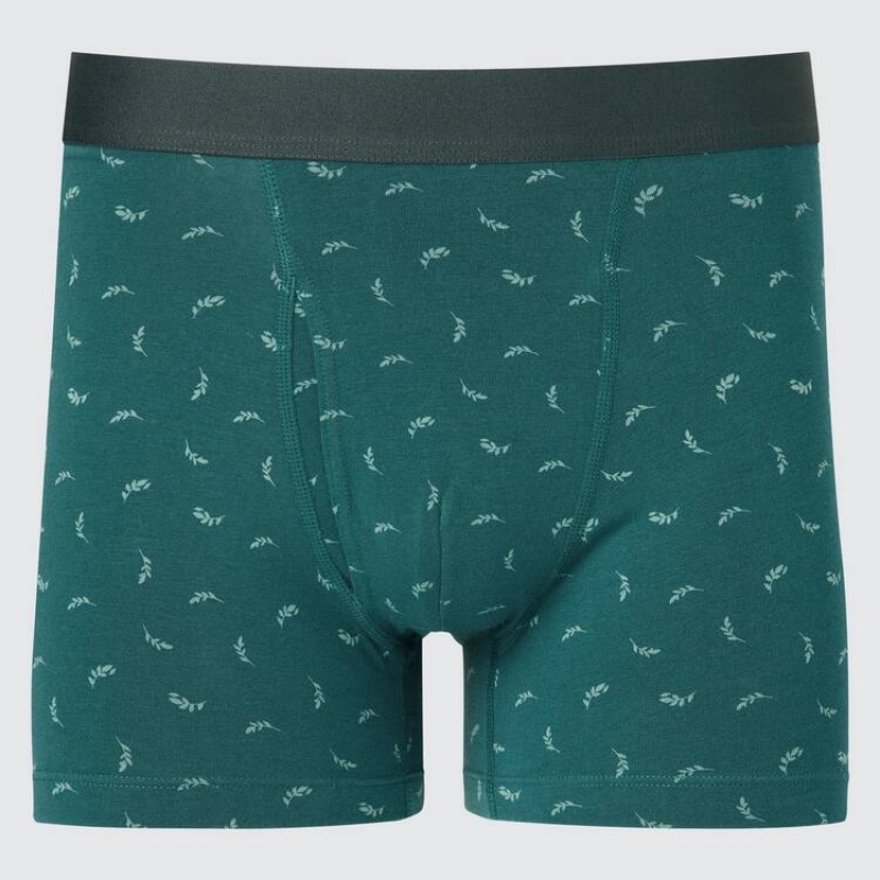 Men\'s Uniqlo Cotton Printed Boxer Underwear Green | PLOH-95624