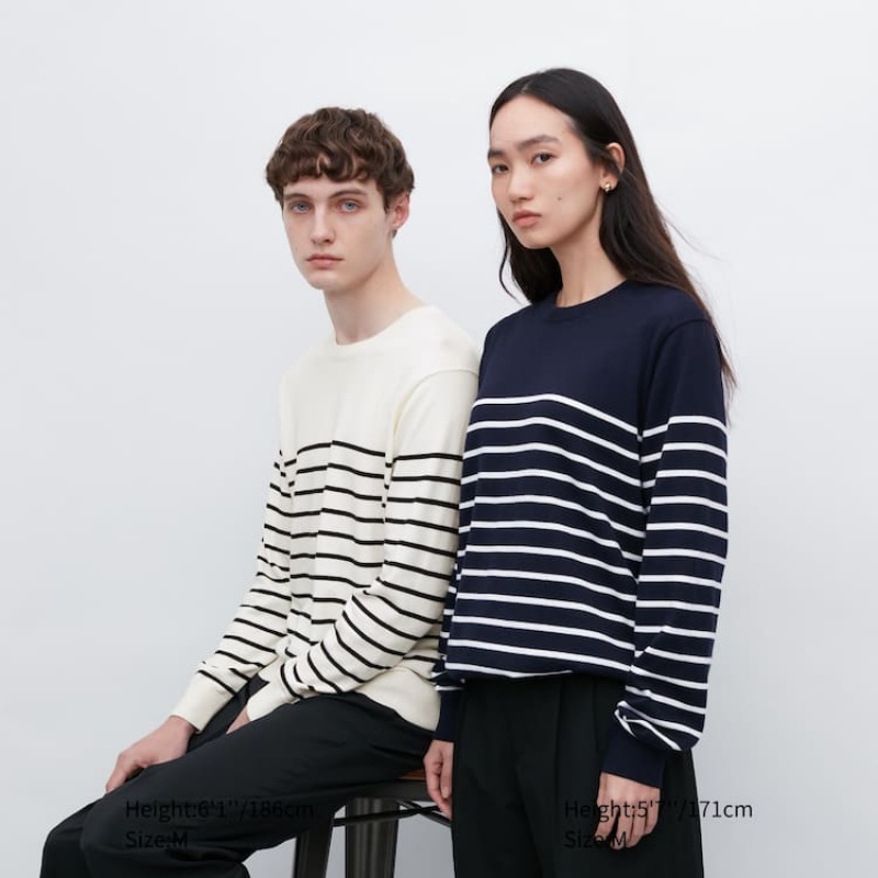 Men's Uniqlo Cotton Washable Striped Crew Neck Jumpers White | TNYX-90548