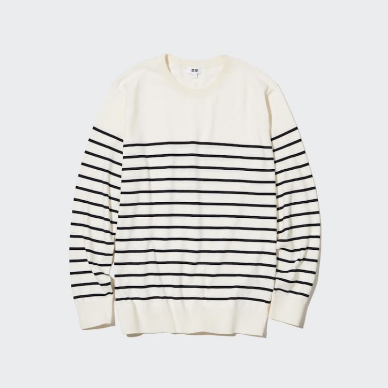 Men\'s Uniqlo Cotton Washable Striped Crew Neck Jumpers White | TNYX-90548