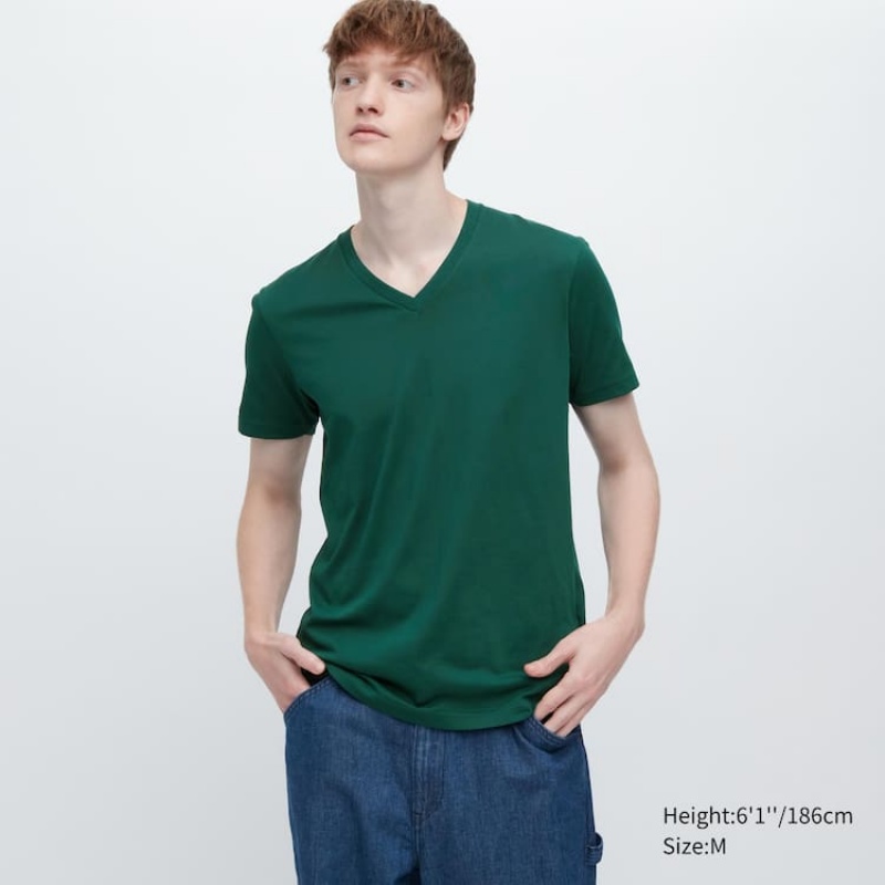 Men\'s Uniqlo Dry Colour V Neck Short Sleeved T Shirts Dark Green | HVTZ-92830