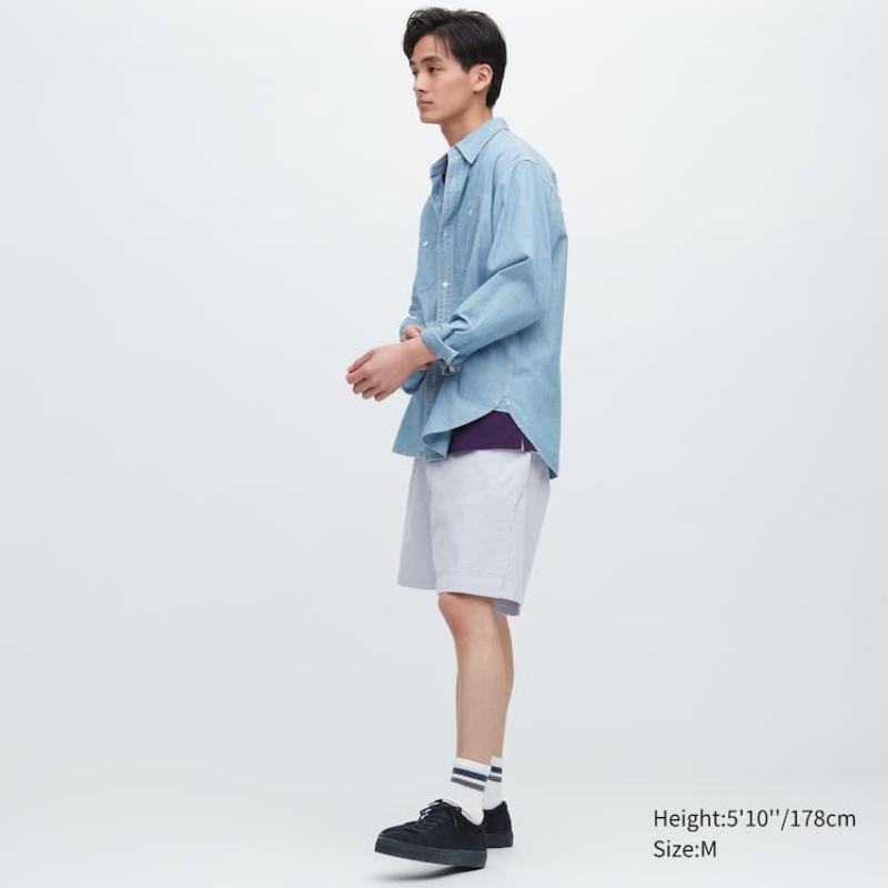 Men's Uniqlo Dry Stretch Seersucker Easy Shorts Blue | SNBO-02319