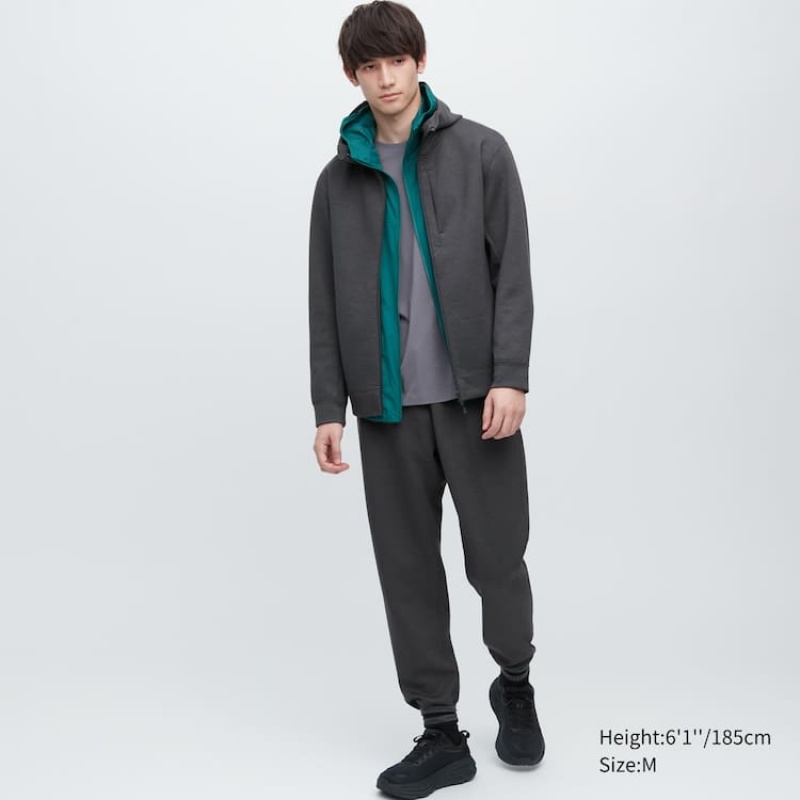 Men's Uniqlo Dry Sweat Stretch Zipped Hoodie Dark Grey | VLIY-42057