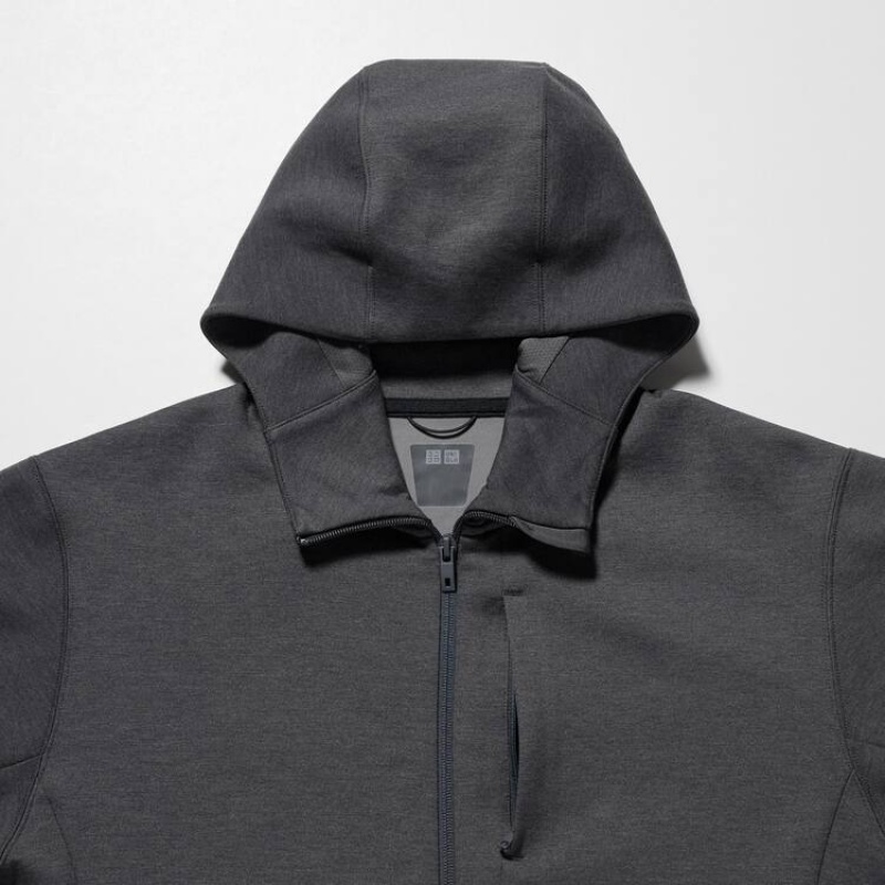 Men's Uniqlo Dry Sweat Stretch Zipped Hoodie Dark Grey | VLIY-42057