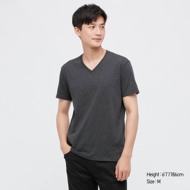 Men\'s Uniqlo Dry V Neck T Shirts Dark Grey | HUEK-54309