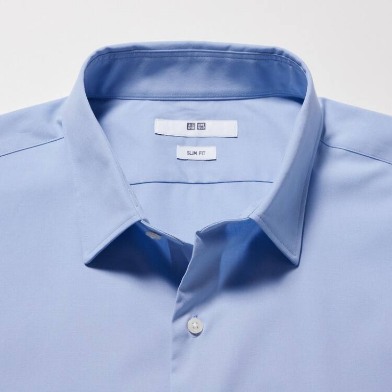 Men's Uniqlo Easy Care Broadcloth Stretch Slim Fit (Regular Collar) Shirts Blue | KHEX-78925