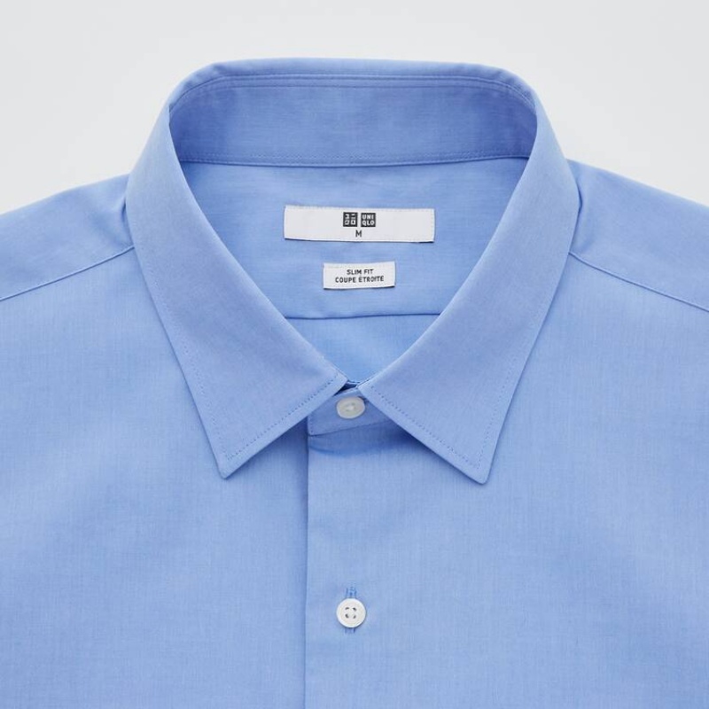 Men's Uniqlo Easy Care Broadcloth Stretch Slim Fit (Regular Collar) Shirts Blue | IDQW-79801