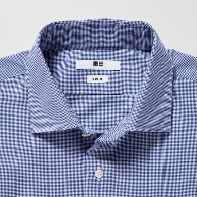 Men's Uniqlo Easy Care Broadcloth Stretch Slim Fit (Semi-cutaway Collar) Shirts Blue | ZWUK-13698